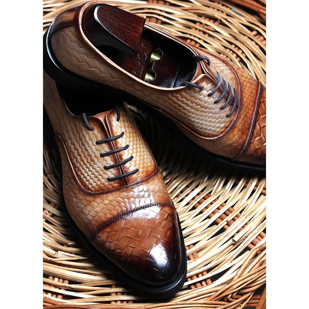 Beige Mirror Glossed Patina Textured Lightweight Captoe Oxford
