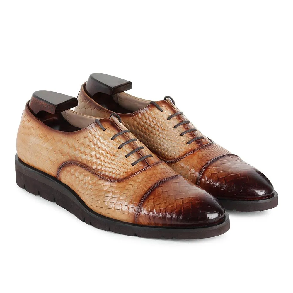 Beige Mirror Glossed Patina Textured Lightweight Captoe Oxford