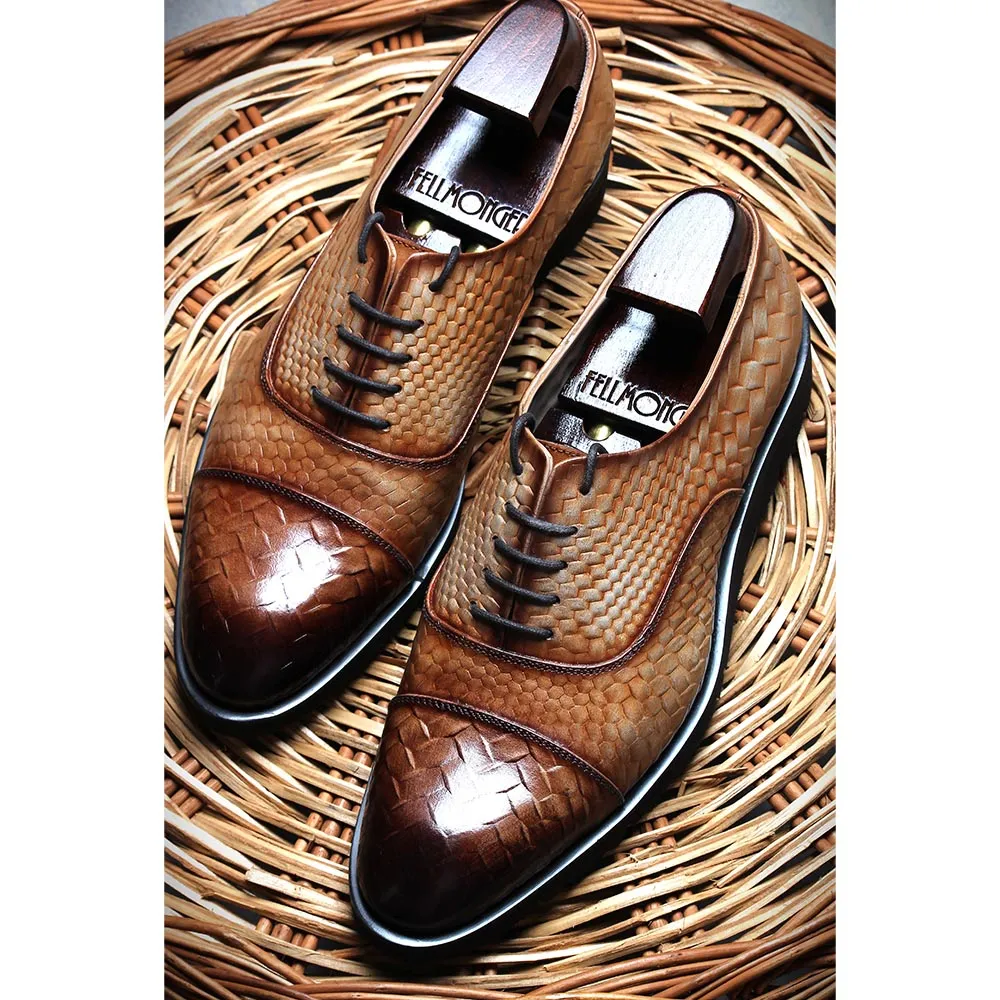 Beige Mirror Glossed Patina Textured Lightweight Captoe Oxford