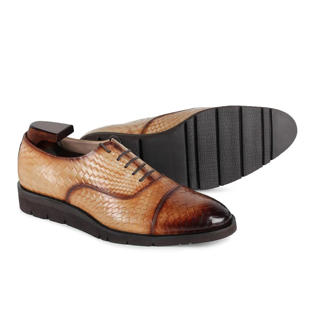 Beige Mirror Glossed Patina Textured Lightweight Captoe Oxford