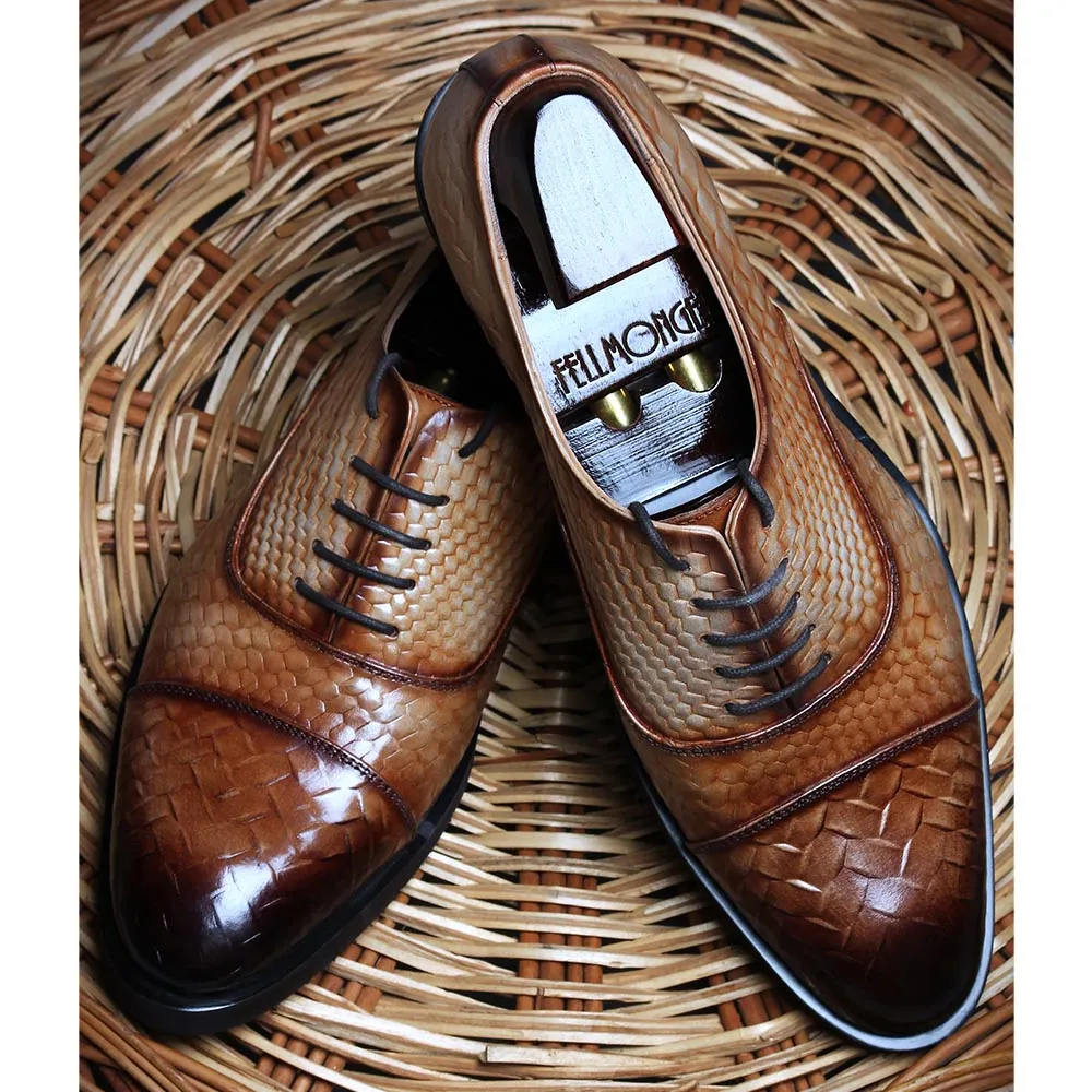 Beige Mirror Glossed Patina Textured Lightweight Captoe Oxford