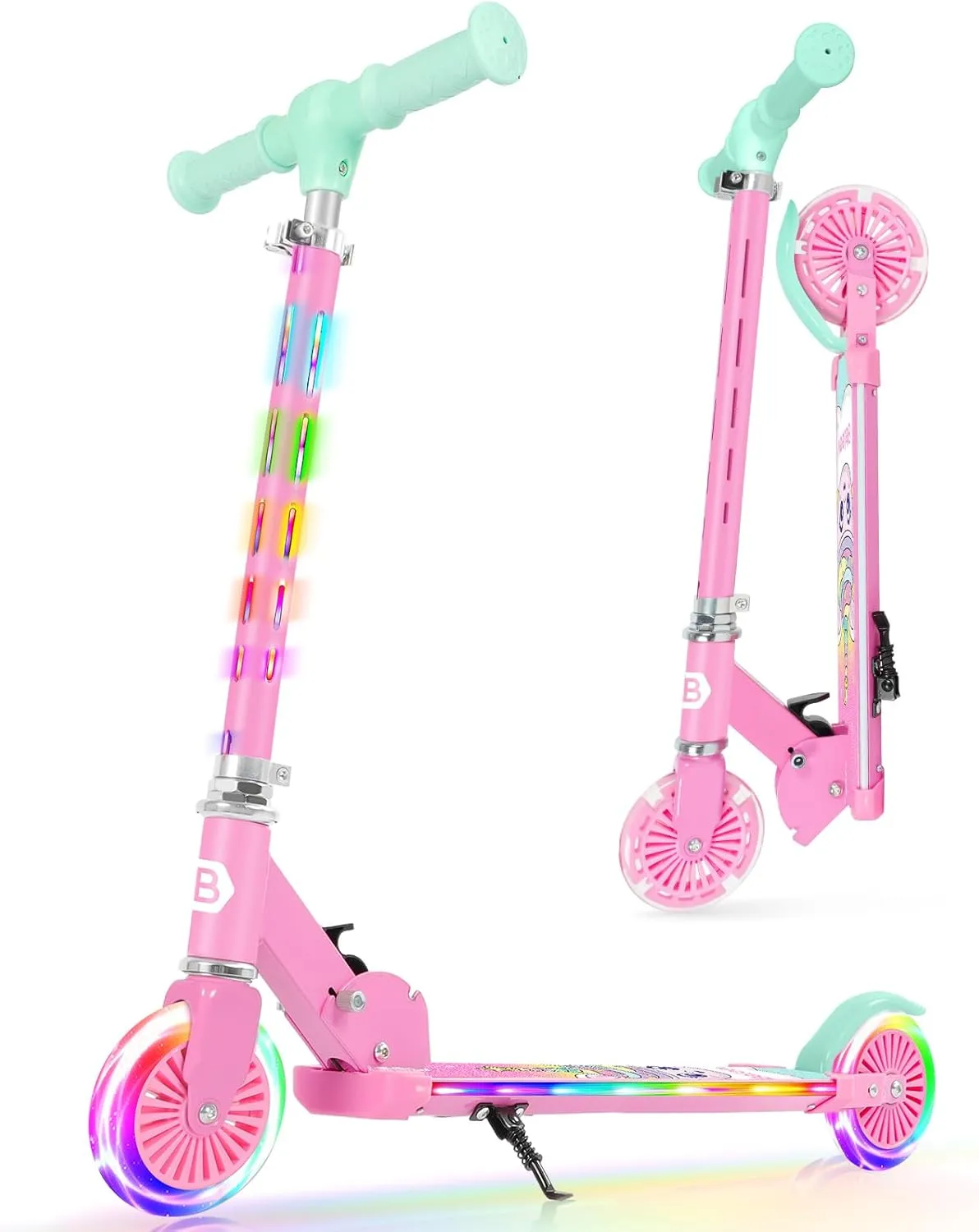 BELEEV V3 Scooter for Kids with Light-Up Wheels & Stem & Deck, 2 Wheel Folding Scooter for Girls Boys, 4 Adjustable Height, Lightweight Kick Scooter with Handy Kickstand for Children Ages 3-12