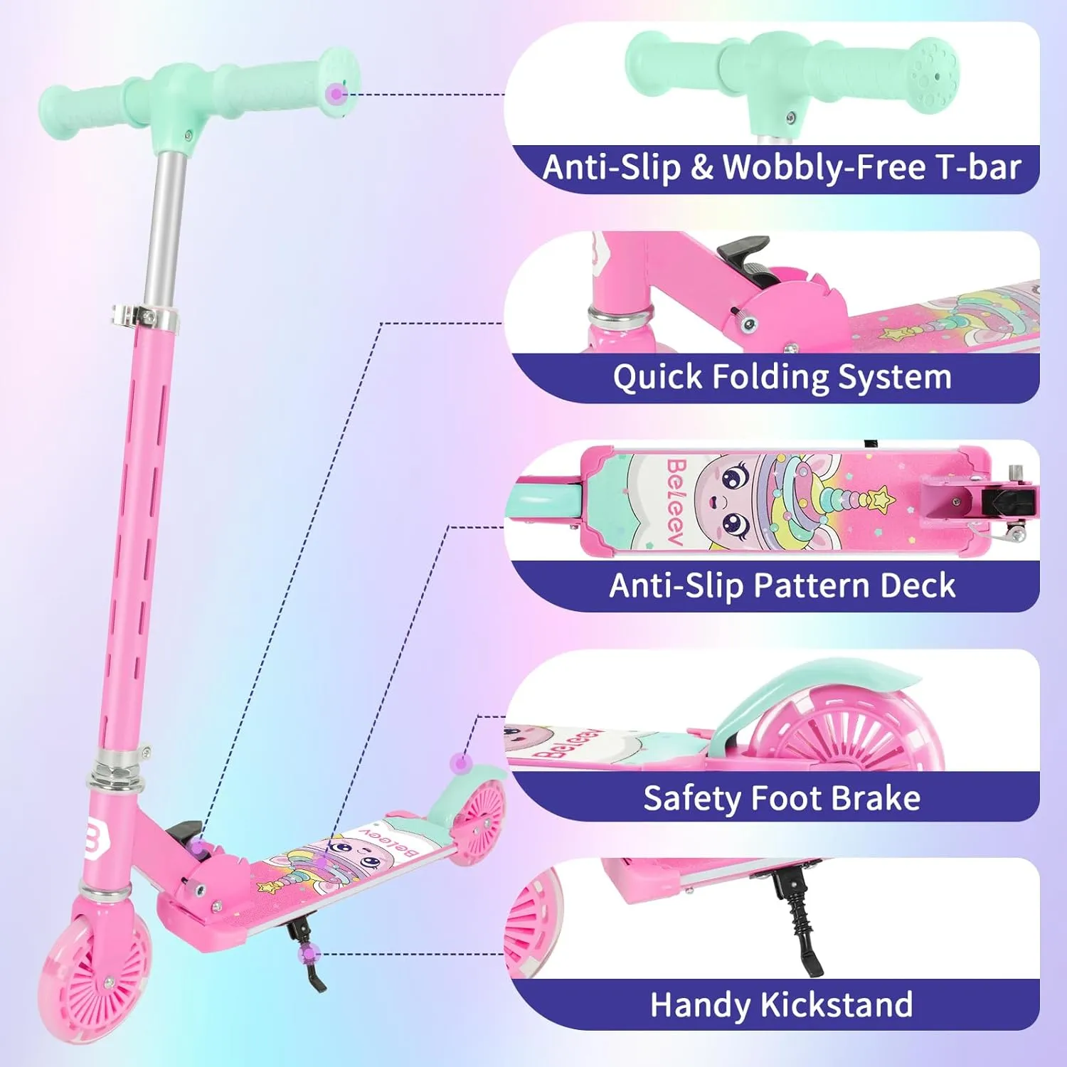 BELEEV V3 Scooter for Kids with Light-Up Wheels & Stem & Deck, 2 Wheel Folding Scooter for Girls Boys, 4 Adjustable Height, Lightweight Kick Scooter with Handy Kickstand for Children Ages 3-12