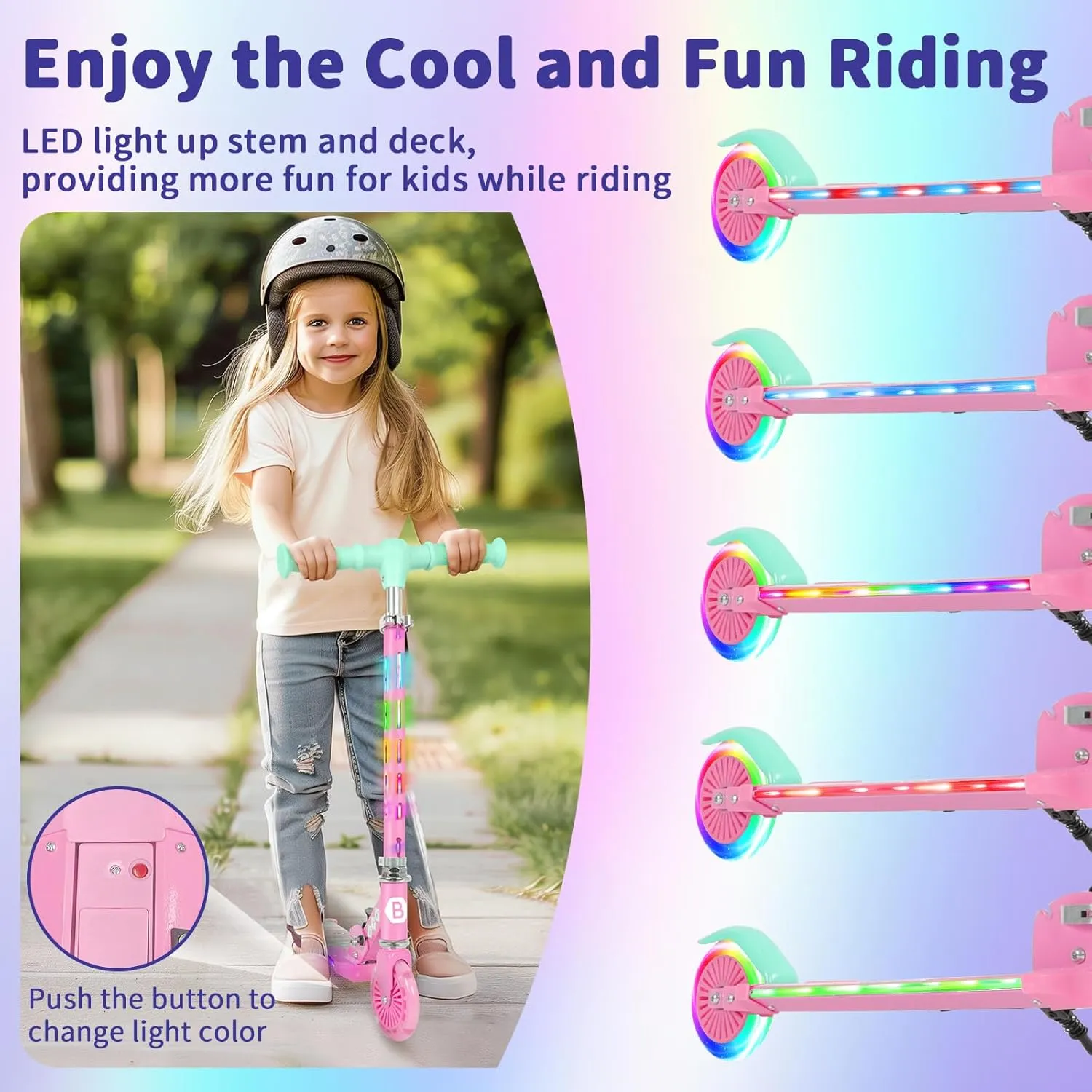 BELEEV V3 Scooter for Kids with Light-Up Wheels & Stem & Deck, 2 Wheel Folding Scooter for Girls Boys, 4 Adjustable Height, Lightweight Kick Scooter with Handy Kickstand for Children Ages 3-12