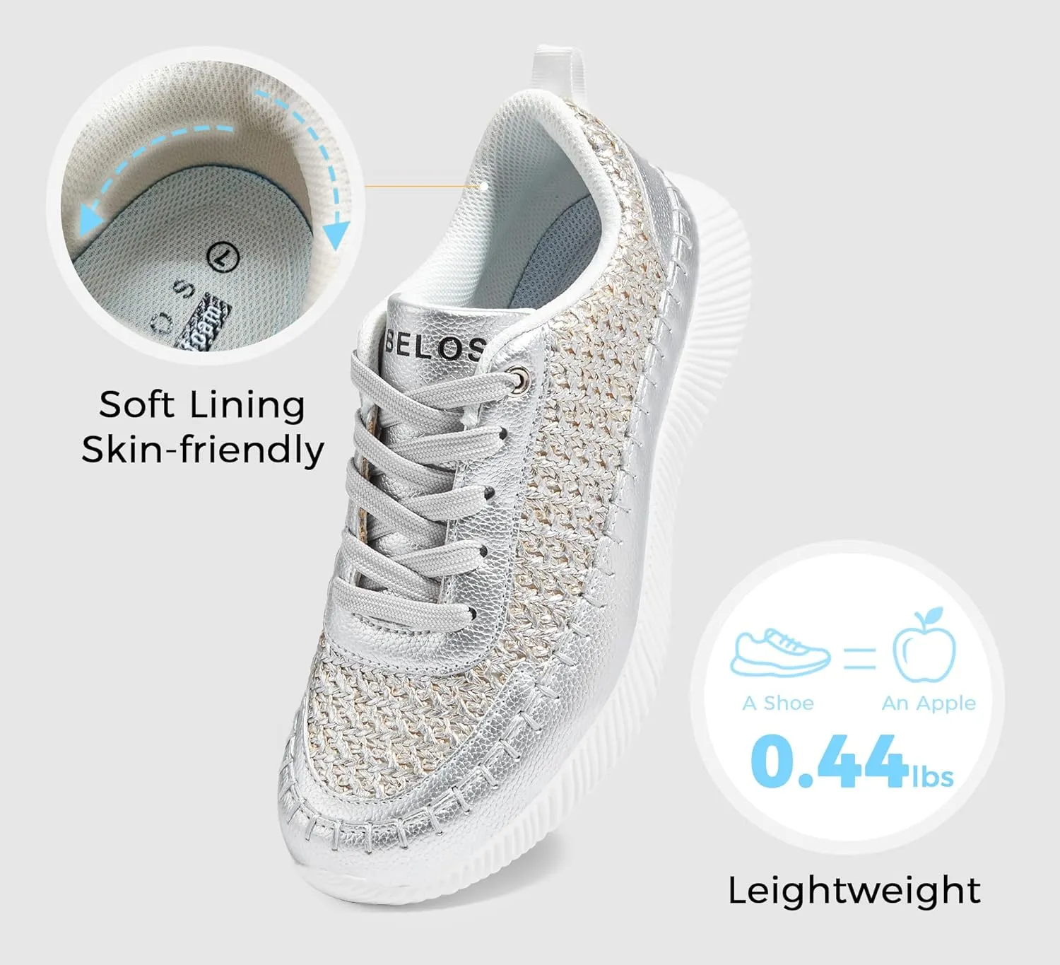 BELOS Women's Glitter Shoes Sparkly Lightweight Metallic Sequins Tennis Shoes Casual Retro Braided Walking Shoes