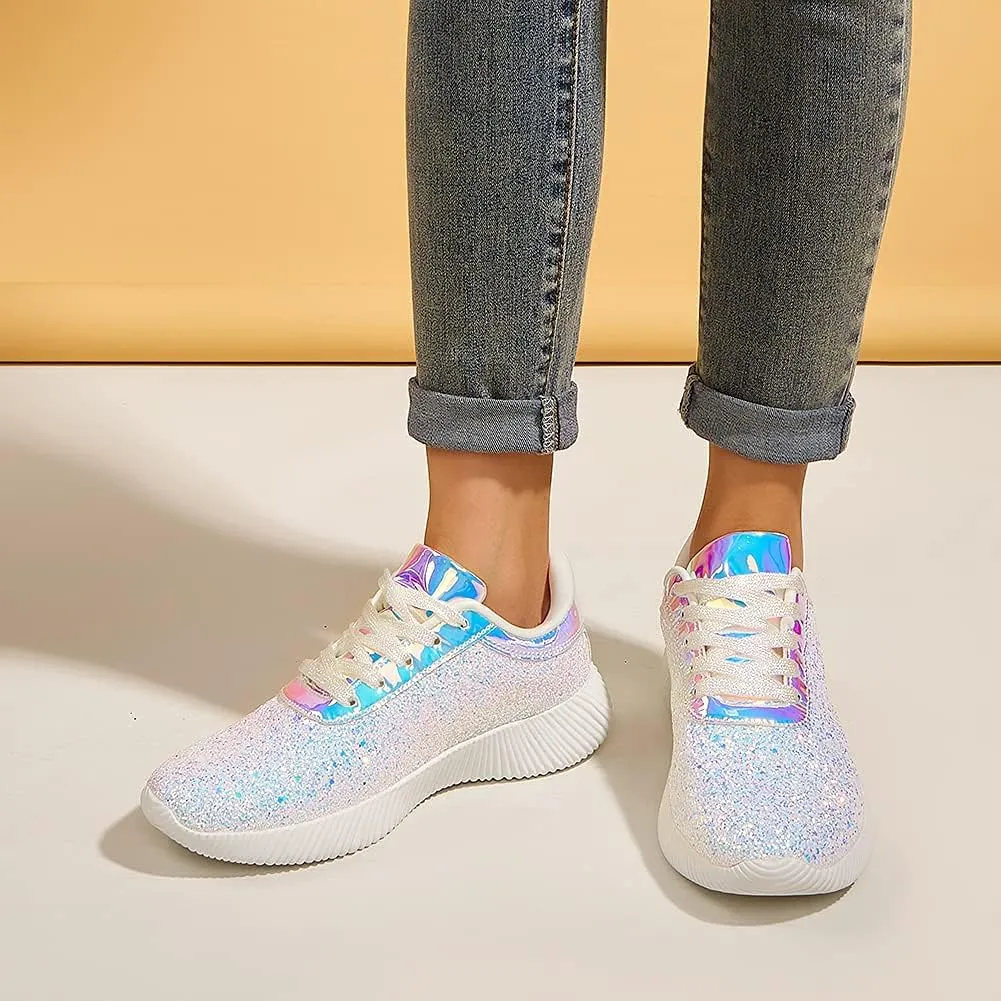 BELOS Women's Glitter Shoes Sparkly Lightweight Metallic Sequins Tennis Shoes Casual Retro Braided Walking Shoes