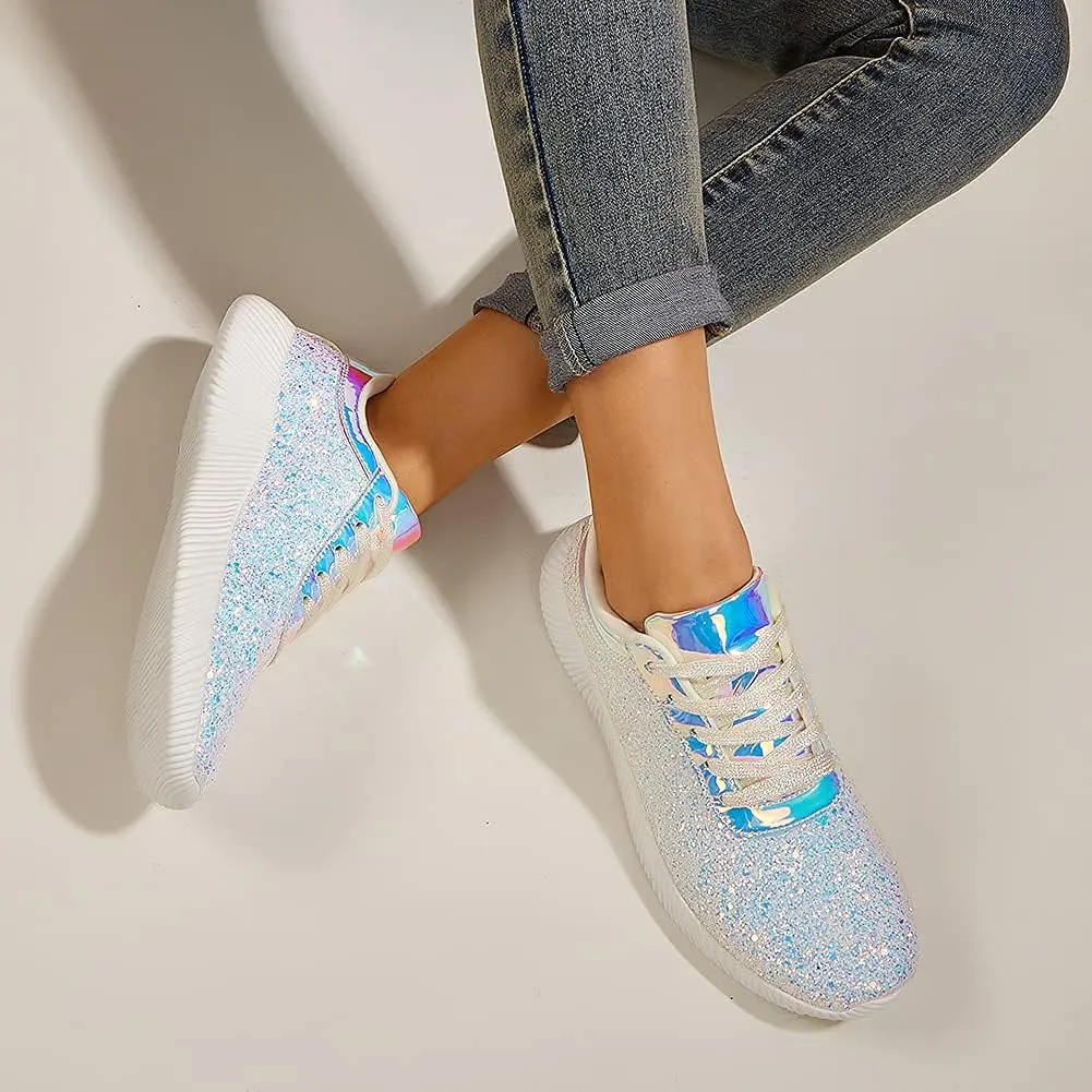 BELOS Women's Glitter Shoes Sparkly Lightweight Metallic Sequins Tennis Shoes Casual Retro Braided Walking Shoes