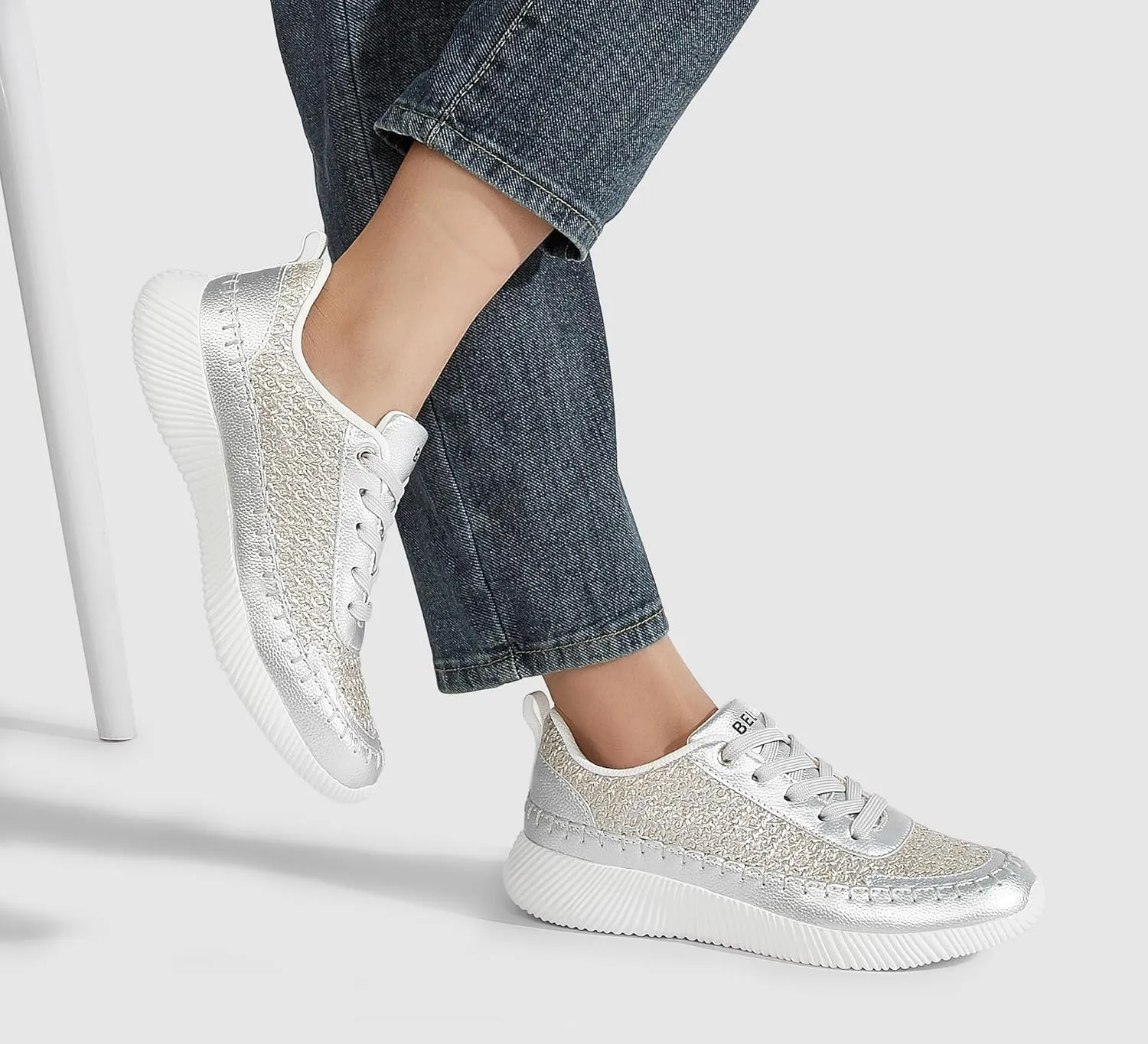 BELOS Women's Glitter Shoes Sparkly Lightweight Metallic Sequins Tennis Shoes Casual Retro Braided Walking Shoes