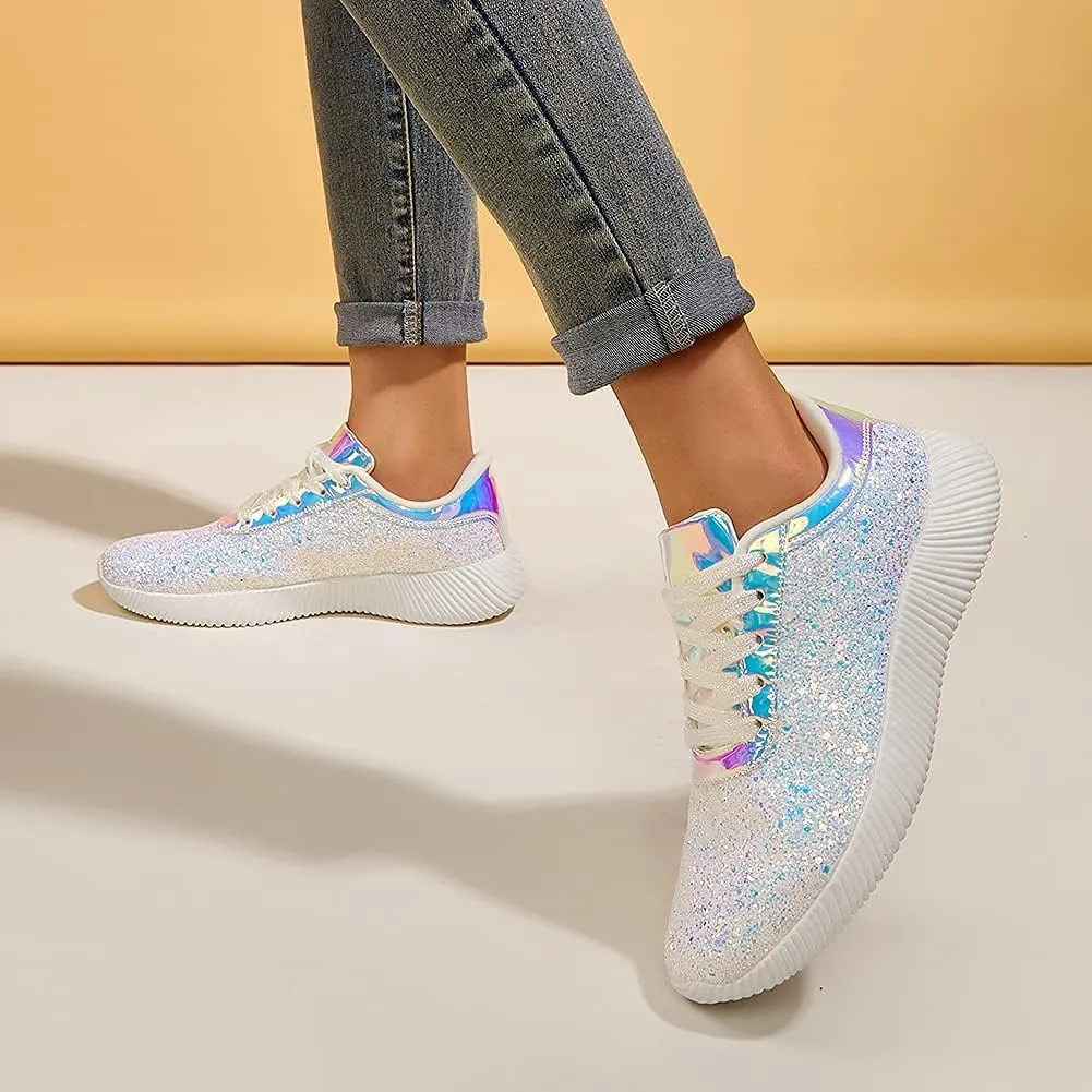 BELOS Women's Glitter Shoes Sparkly Lightweight Metallic Sequins Tennis Shoes Casual Retro Braided Walking Shoes