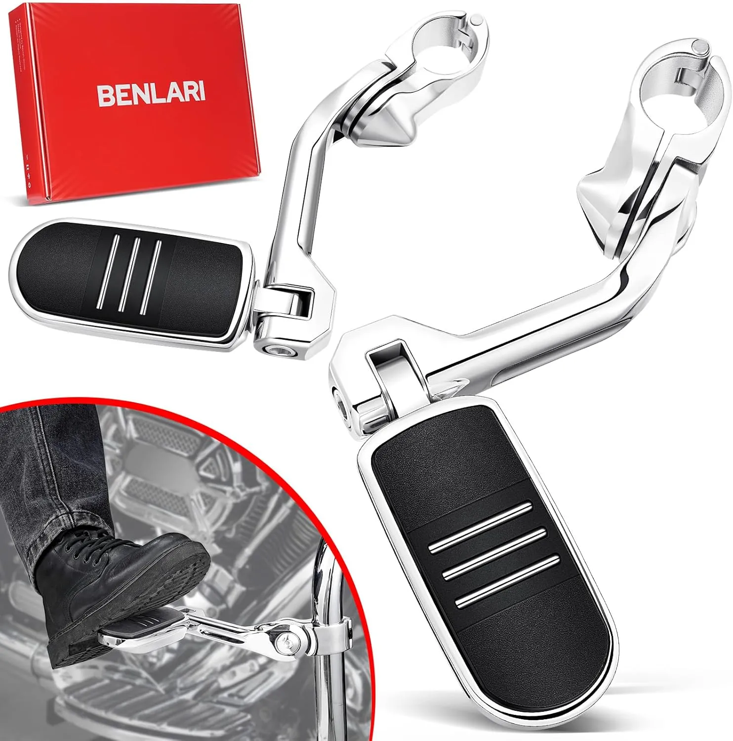 Benlari Highway Pegs, 1.25" Highway Foot Pegs Long Angled Stainless Steel 304 Adjustable Fit for Harley Touring Street Glide Softail Dyna Sportster fits 1-1/4"(32mm) Engine Guard(Chrome)