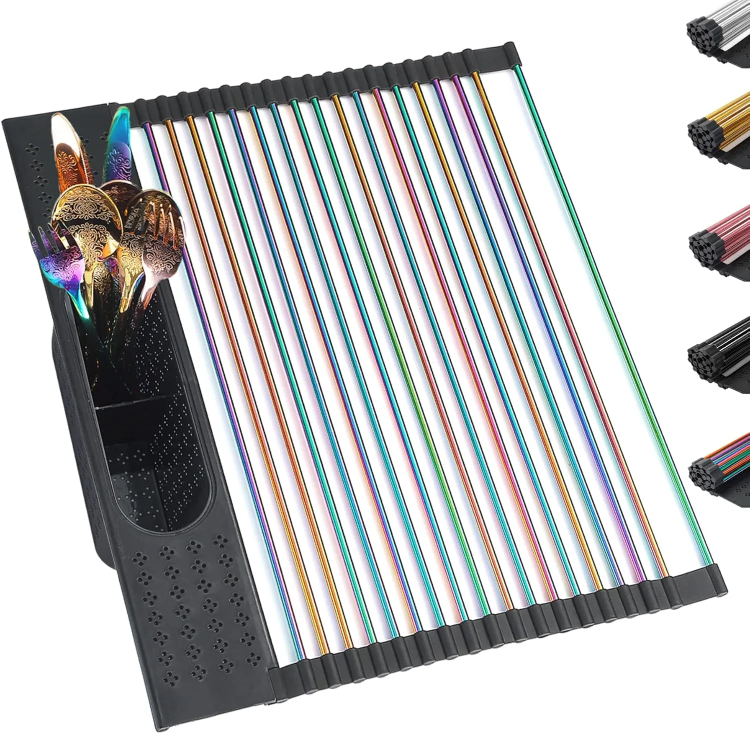 Berglander Rainbow Dish Drying Rack Over The Sink, L17.5*W 15" Rollable Tianium Colorful Plating Stainless Steel Dish Rack with Removable Storage Basket, Perfect for Kitchen Sink