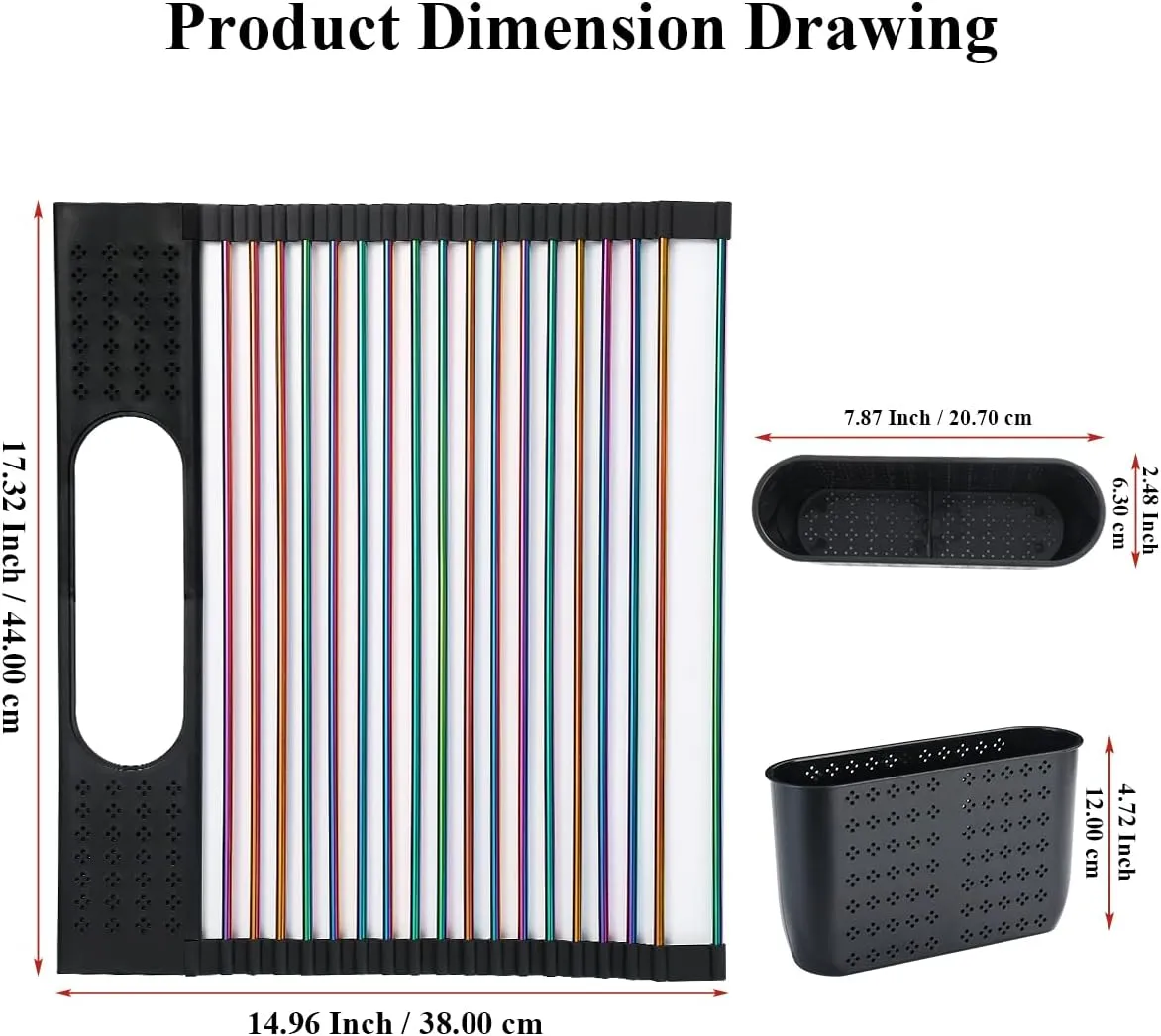 Berglander Rainbow Dish Drying Rack Over The Sink, L17.5*W 15" Rollable Tianium Colorful Plating Stainless Steel Dish Rack with Removable Storage Basket, Perfect for Kitchen Sink