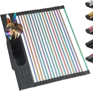 Berglander Rainbow Dish Drying Rack Over The Sink, L17.5*W 15" Rollable Tianium Colorful Plating Stainless Steel Dish Rack with Removable Storage Basket, Perfect for Kitchen Sink