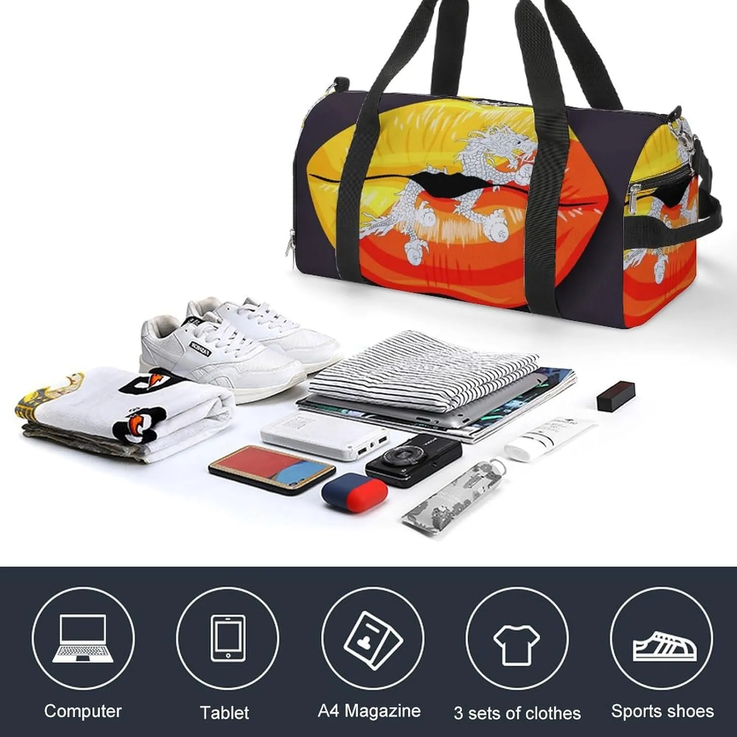 Bhutan Flag Lips Gym Bag for Women Men Lightweight Duffel with Shoe Compartment Weekender