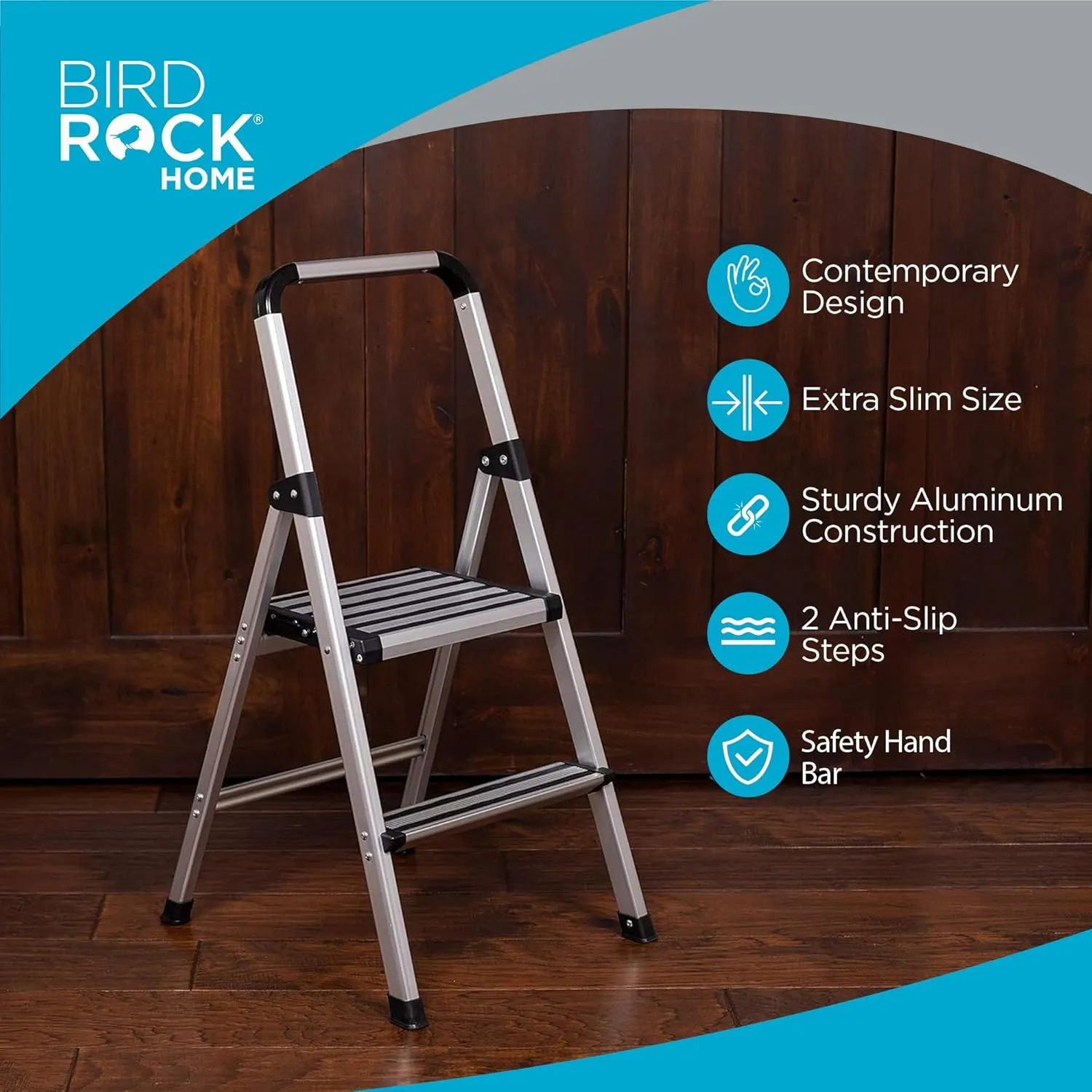 BIRDROCK HOME 2-Step Aluminum Step Ladder - Lightweight Foldable Stepladder with Wide Non-Slip Steps - Ideal for Kitchen, Pantry, Closets, and Home Office - Space-Saving Design - Indoor Use - Silver