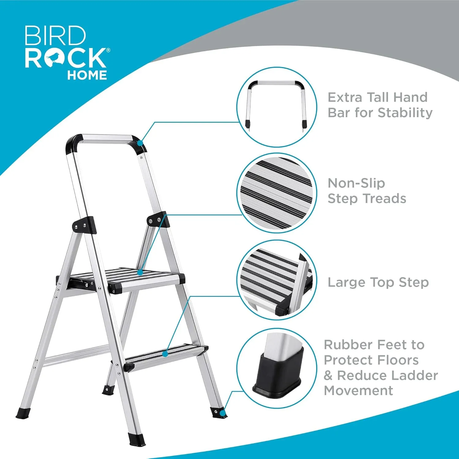 BIRDROCK HOME 2-Step Aluminum Step Ladder - Lightweight Foldable Stepladder with Wide Non-Slip Steps - Ideal for Kitchen, Pantry, Closets, and Home Office - Space-Saving Design - Indoor Use - Silver
