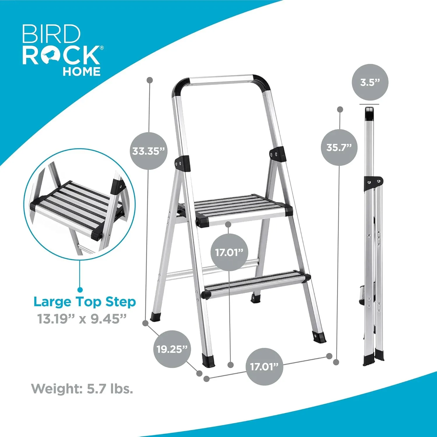 BIRDROCK HOME 2-Step Aluminum Step Ladder - Lightweight Foldable Stepladder with Wide Non-Slip Steps - Ideal for Kitchen, Pantry, Closets, and Home Office - Space-Saving Design - Indoor Use - Silver