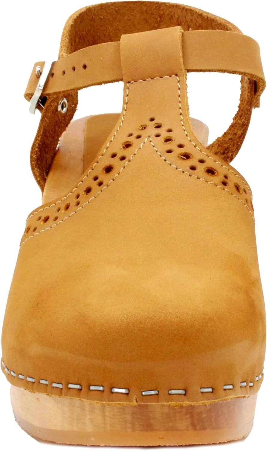 Bjork Women's Mid-Heel Wooden Leather Clog Sandals