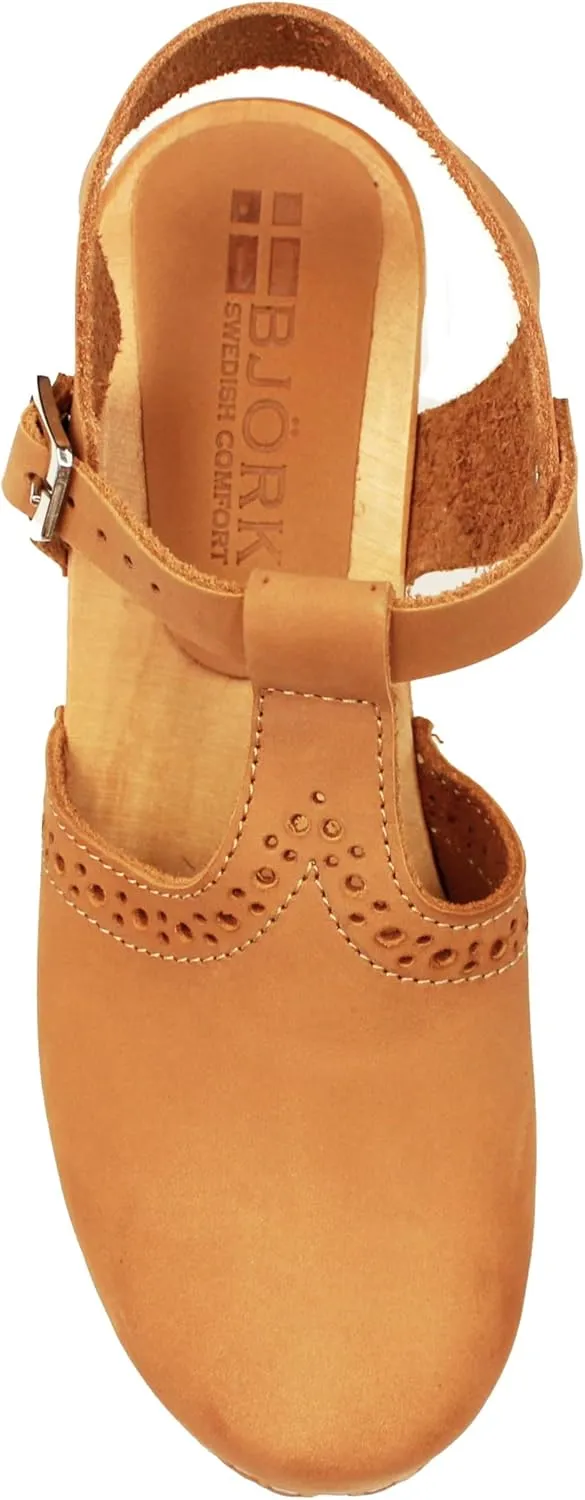 Bjork Women's Mid-Heel Wooden Leather Clog Sandals