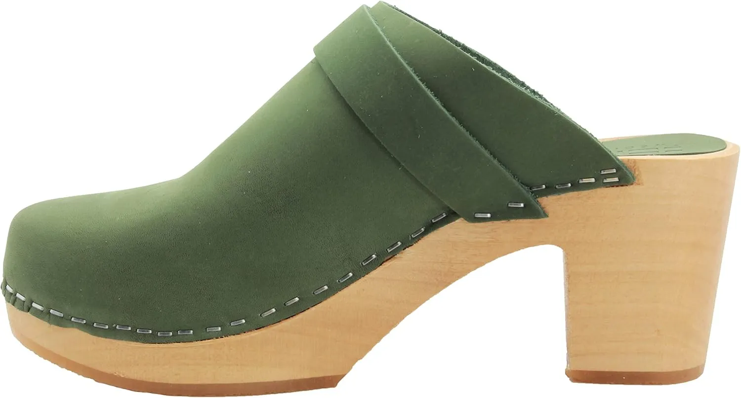 Bjork Women's Mid-Heel Wooden Leather Clog Sandals