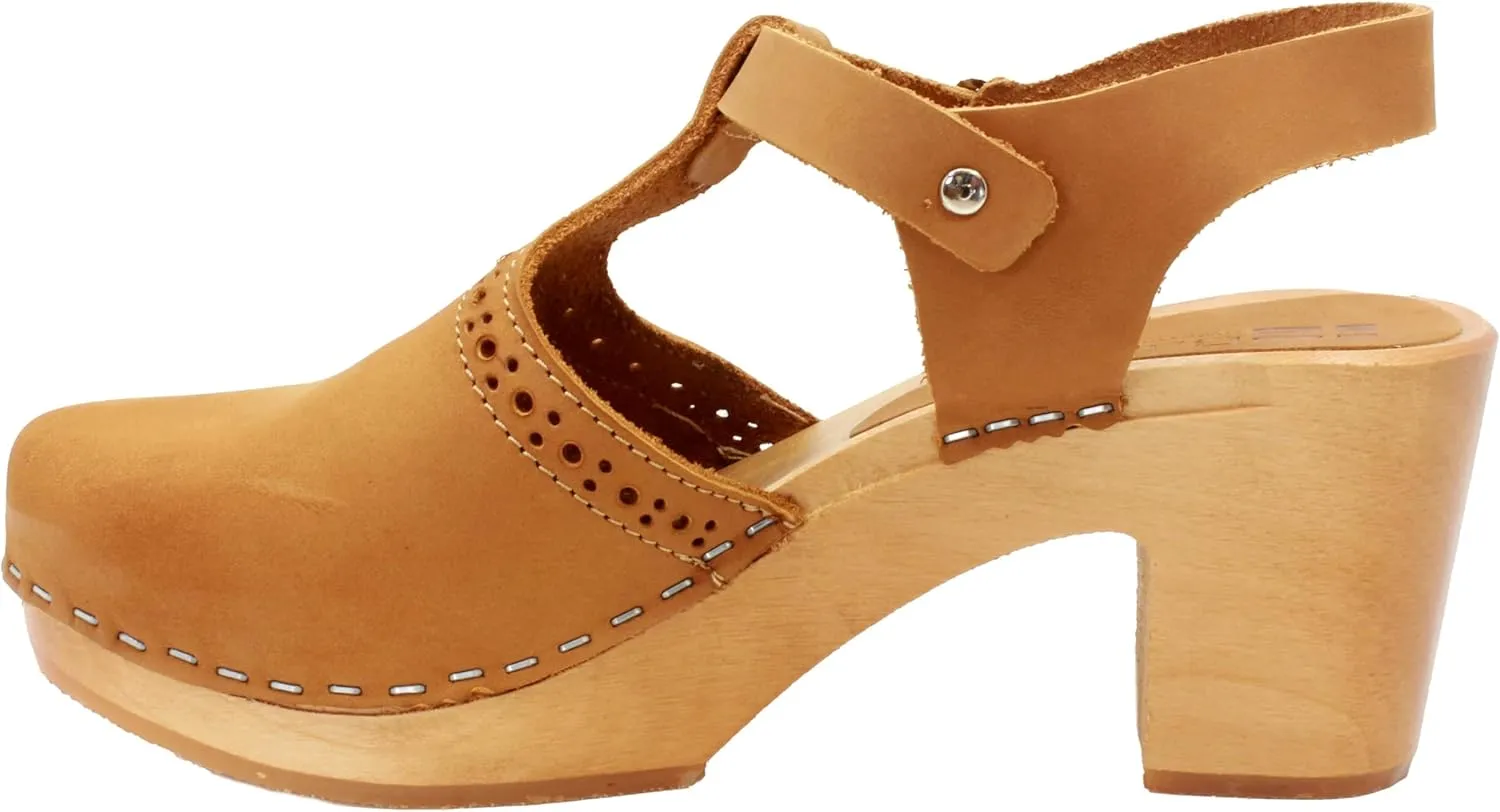 Bjork Women's Mid-Heel Wooden Leather Clog Sandals