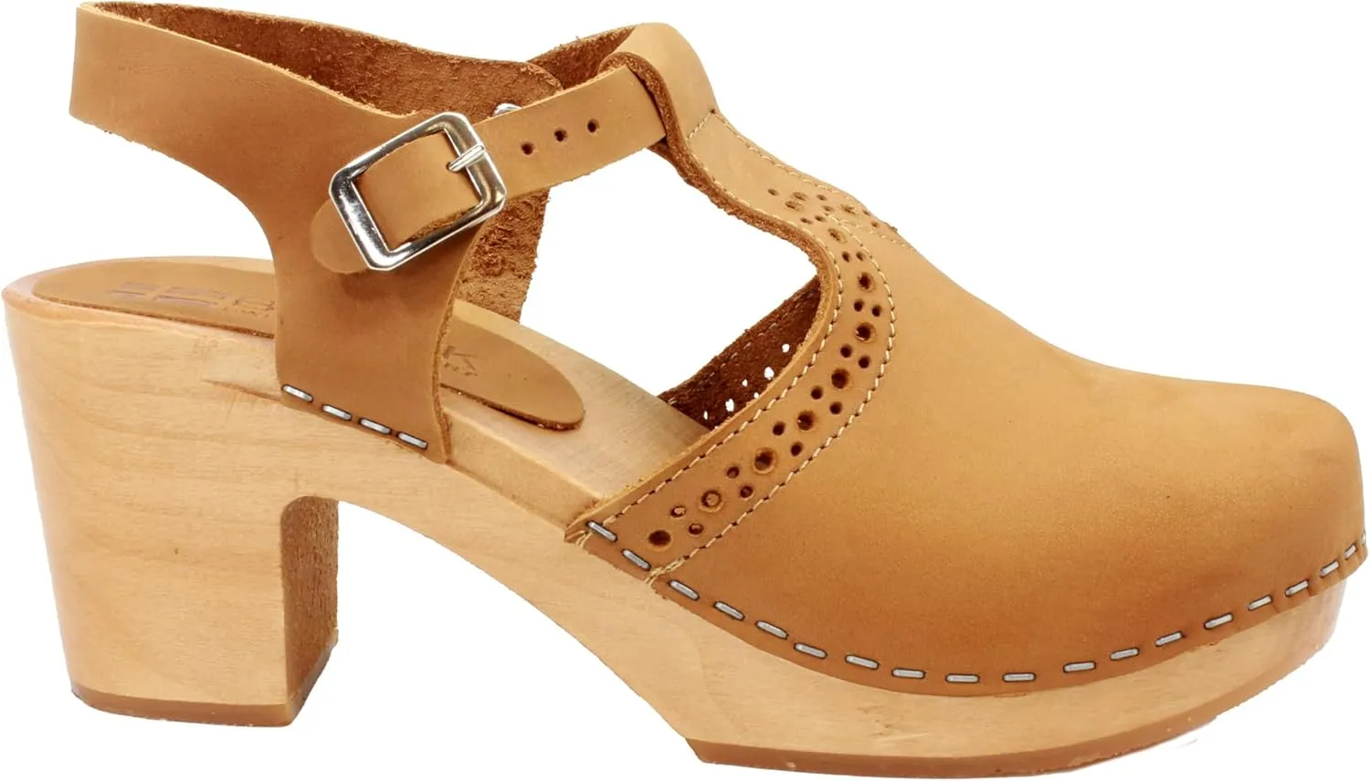 Bjork Women's Mid-Heel Wooden Leather Clog Sandals
