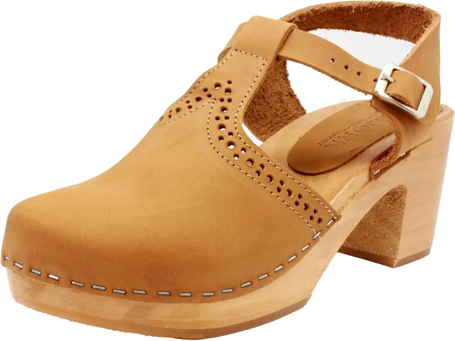 Bjork Women's Mid-Heel Wooden Leather Clog Sandals