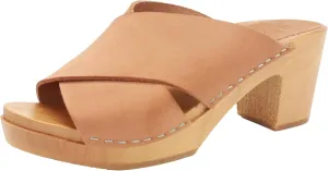 Bjork Women's Mid-Heel Wooden Leather Clog Sandals