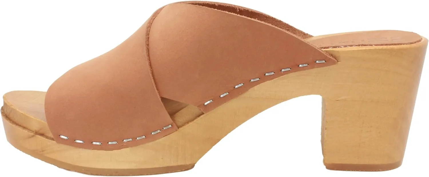 Bjork Women's Mid-Heel Wooden Leather Clog Sandals