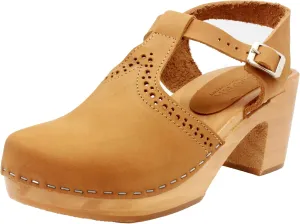Bjork Women's Mid-Heel Wooden Leather Clog Sandals