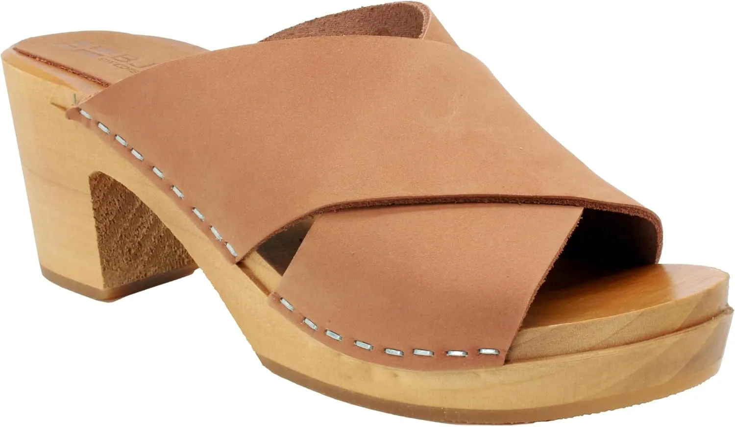 Bjork Women's Mid-Heel Wooden Leather Clog Sandals