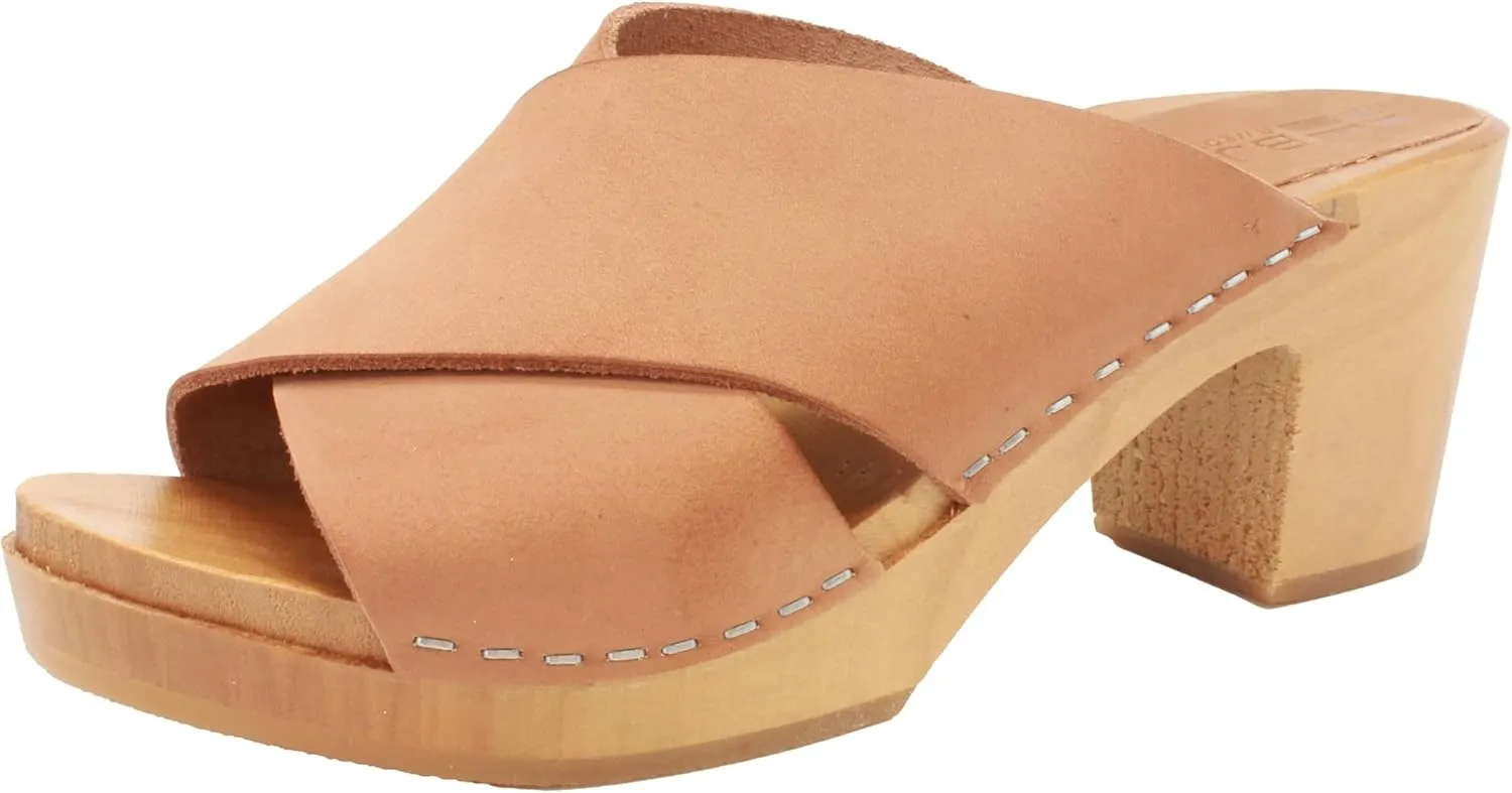Bjork Women's Mid-Heel Wooden Leather Clog Sandals