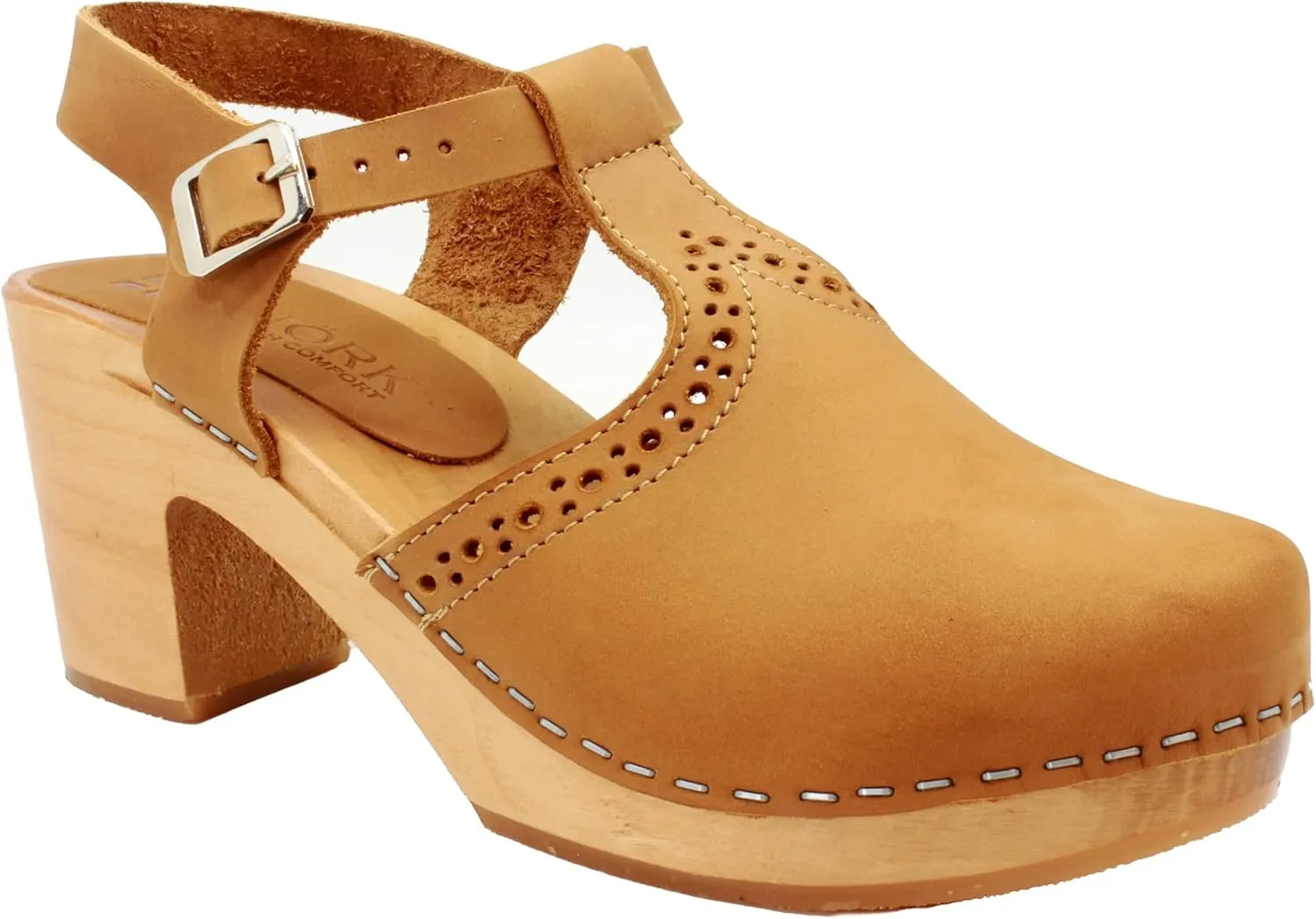 Bjork Women's Mid-Heel Wooden Leather Clog Sandals