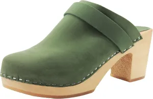 Bjork Women's Mid-Heel Wooden Leather Clog Sandals