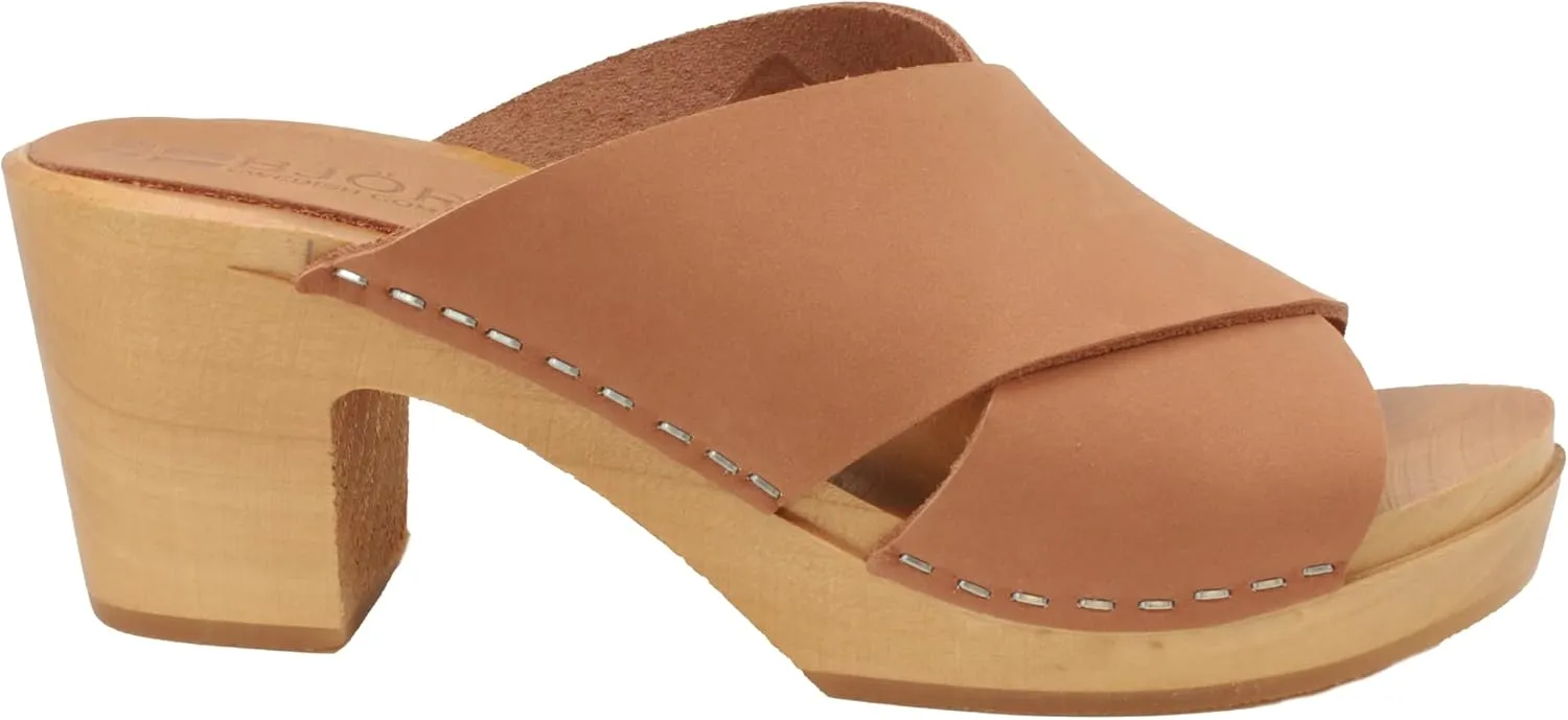 Bjork Women's Mid-Heel Wooden Leather Clog Sandals