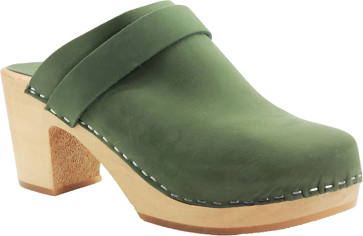 Bjork Women's Mid-Heel Wooden Leather Clog Sandals