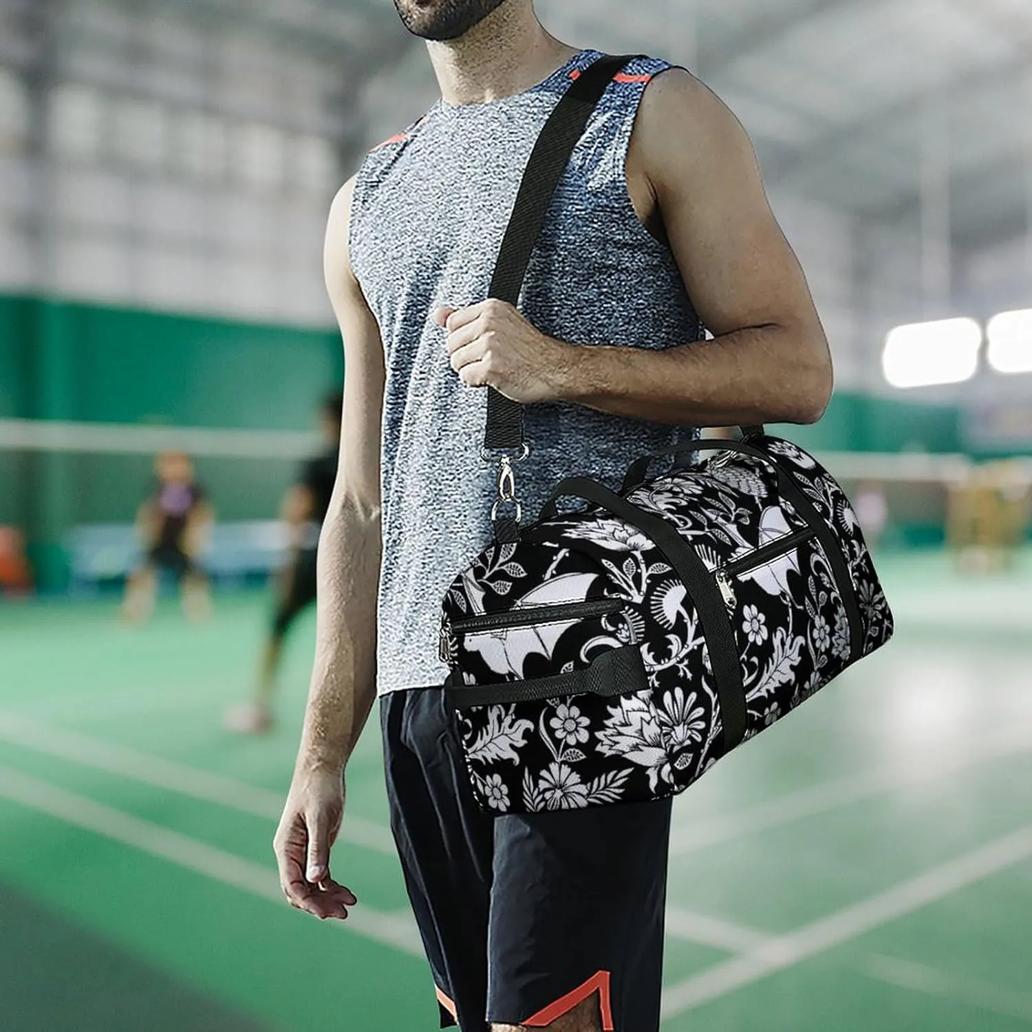 Black Bat Flower Sport Gym Duffle Travel Bag with Shoe Compartment,Wet Pocket for Men and Women
