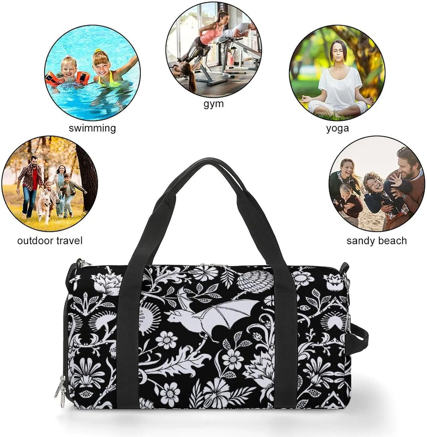 Black Bat Flower Sport Gym Duffle Travel Bag with Shoe Compartment,Wet Pocket for Men and Women