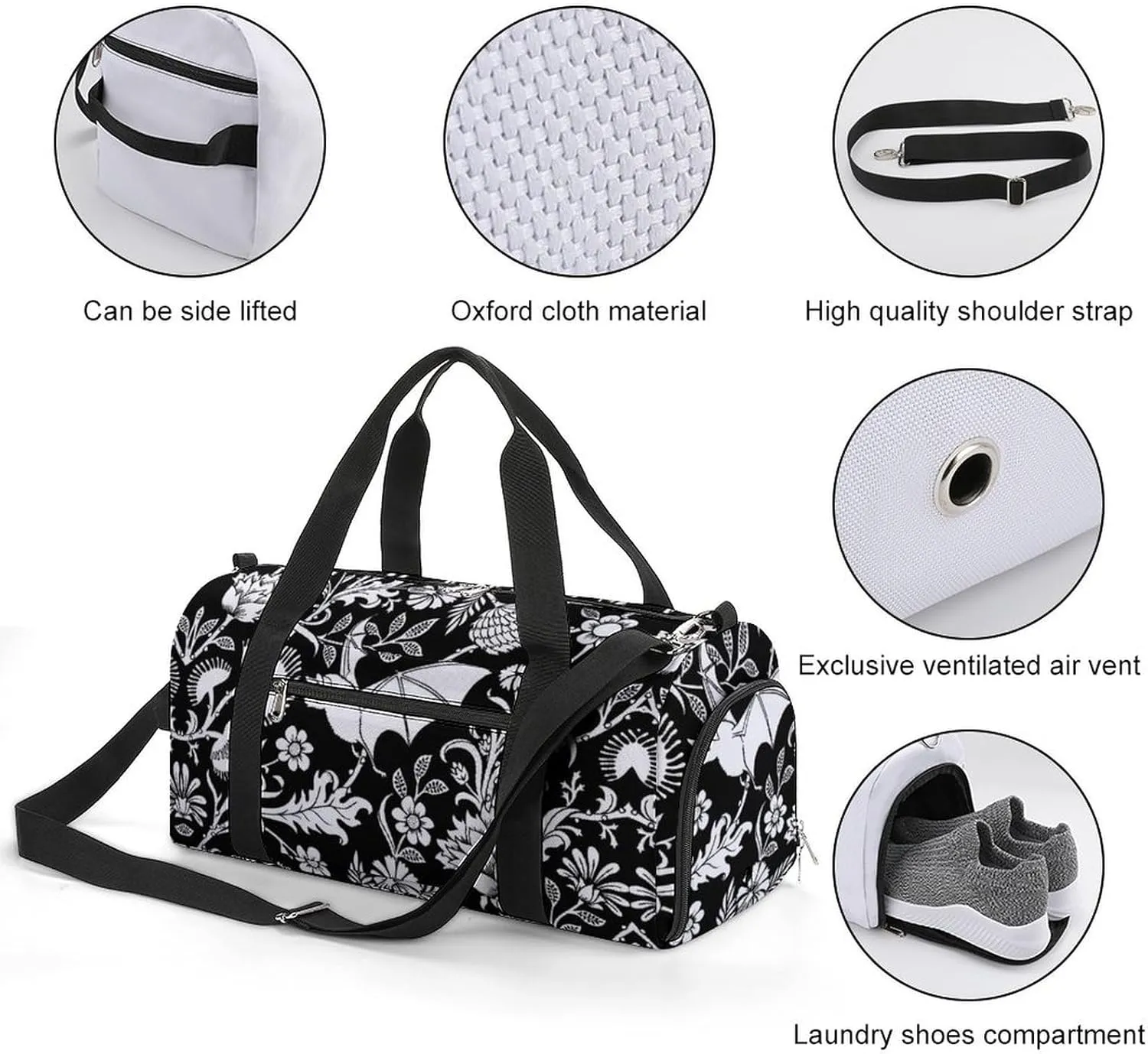 Black Bat Flower Sport Gym Duffle Travel Bag with Shoe Compartment,Wet Pocket for Men and Women