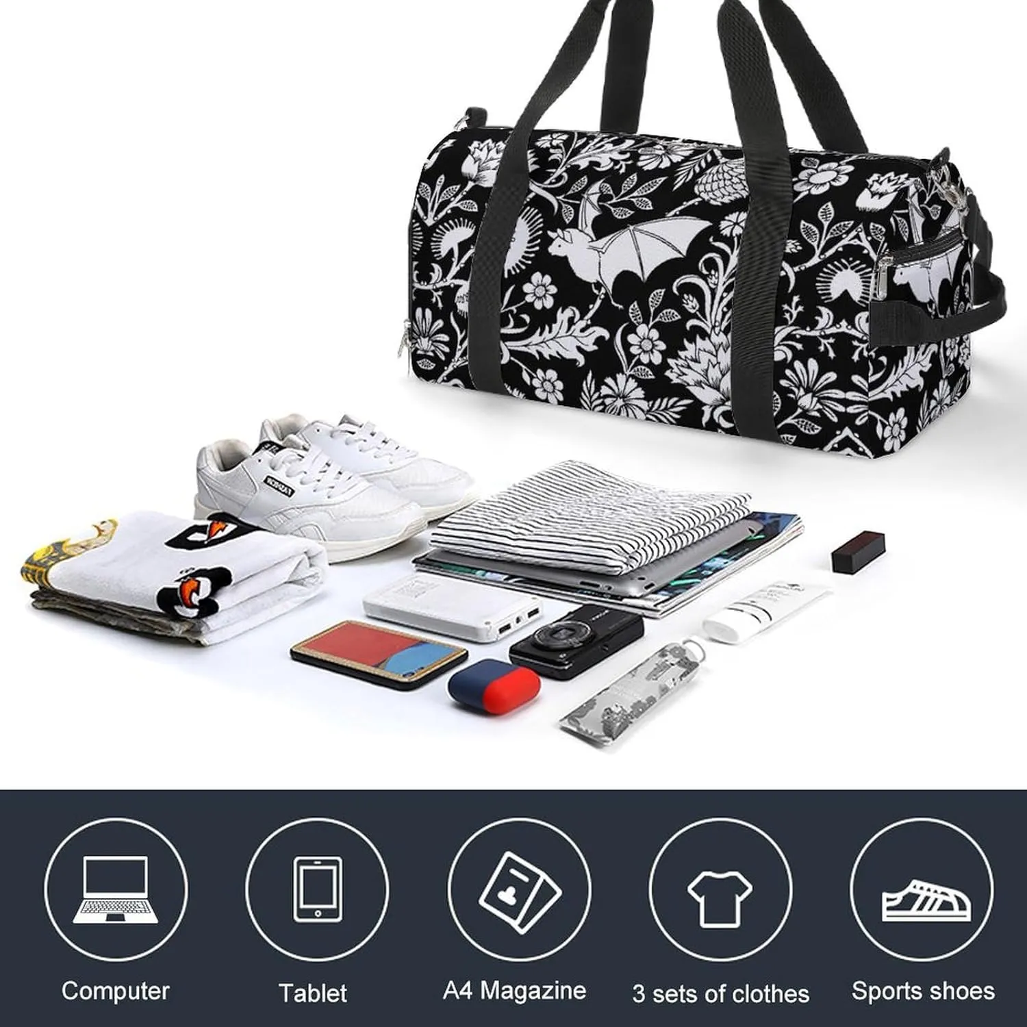 Black Bat Flower Sport Gym Duffle Travel Bag with Shoe Compartment,Wet Pocket for Men and Women