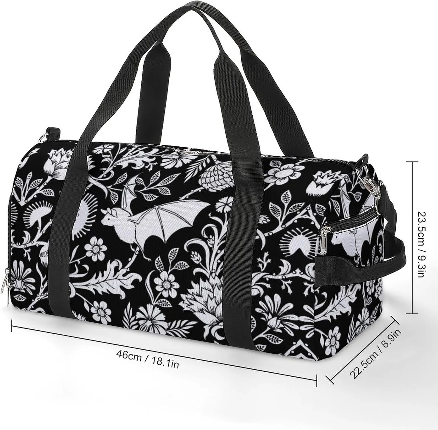 Black Bat Flower Sport Gym Duffle Travel Bag with Shoe Compartment,Wet Pocket for Men and Women
