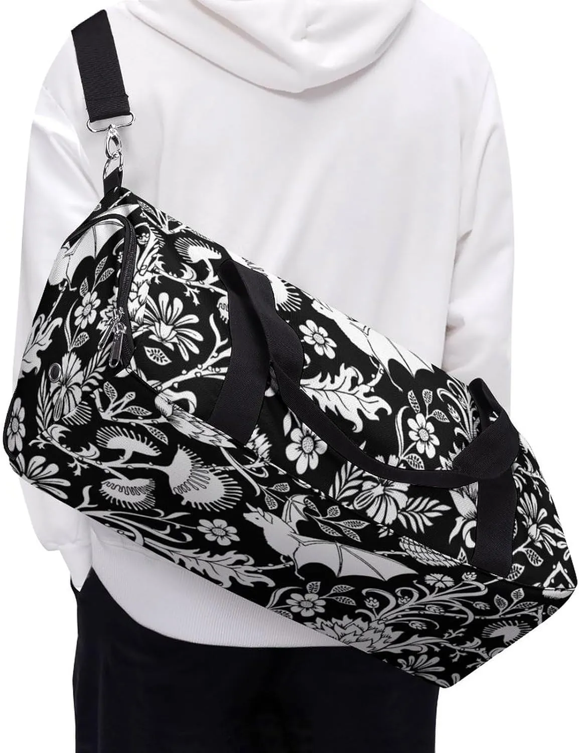 Black Bat Flower Sport Gym Duffle Travel Bag with Shoe Compartment,Wet Pocket for Men and Women