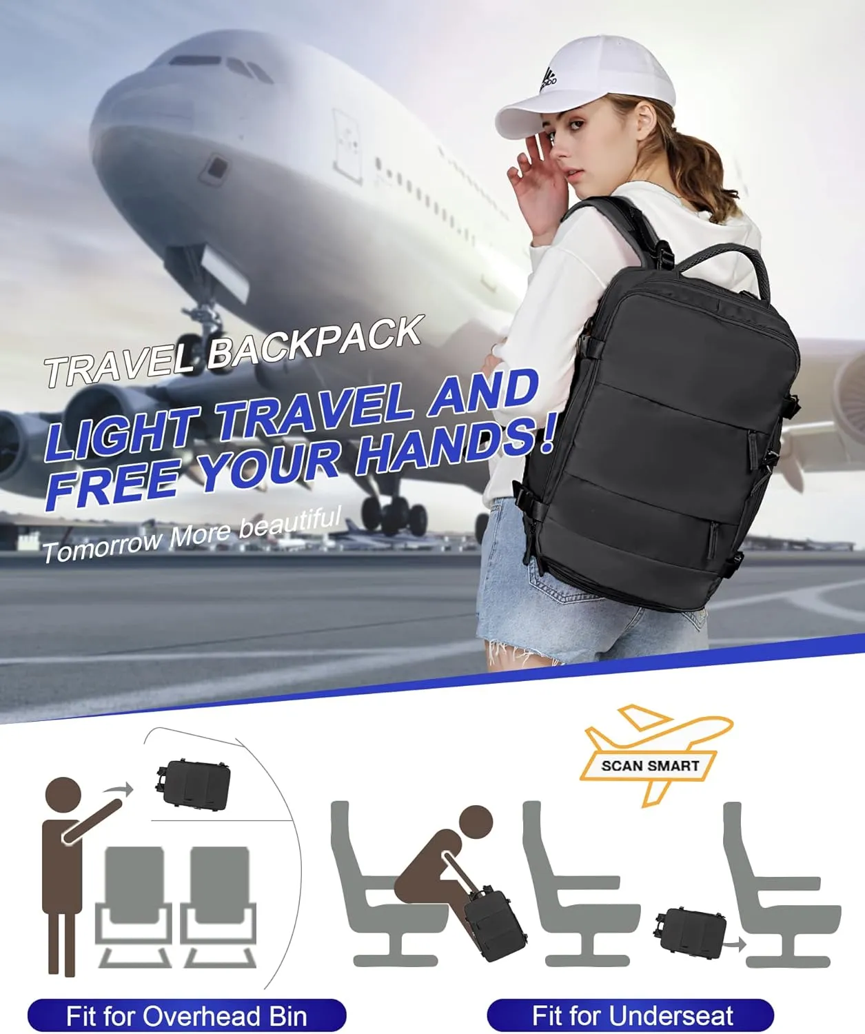 Black Travel Backpack For Women Men Carry On Backpack Flight Approved Gym Bag With Shoe Compartment Hiking Waterproof Laptop Backpack College Essentials