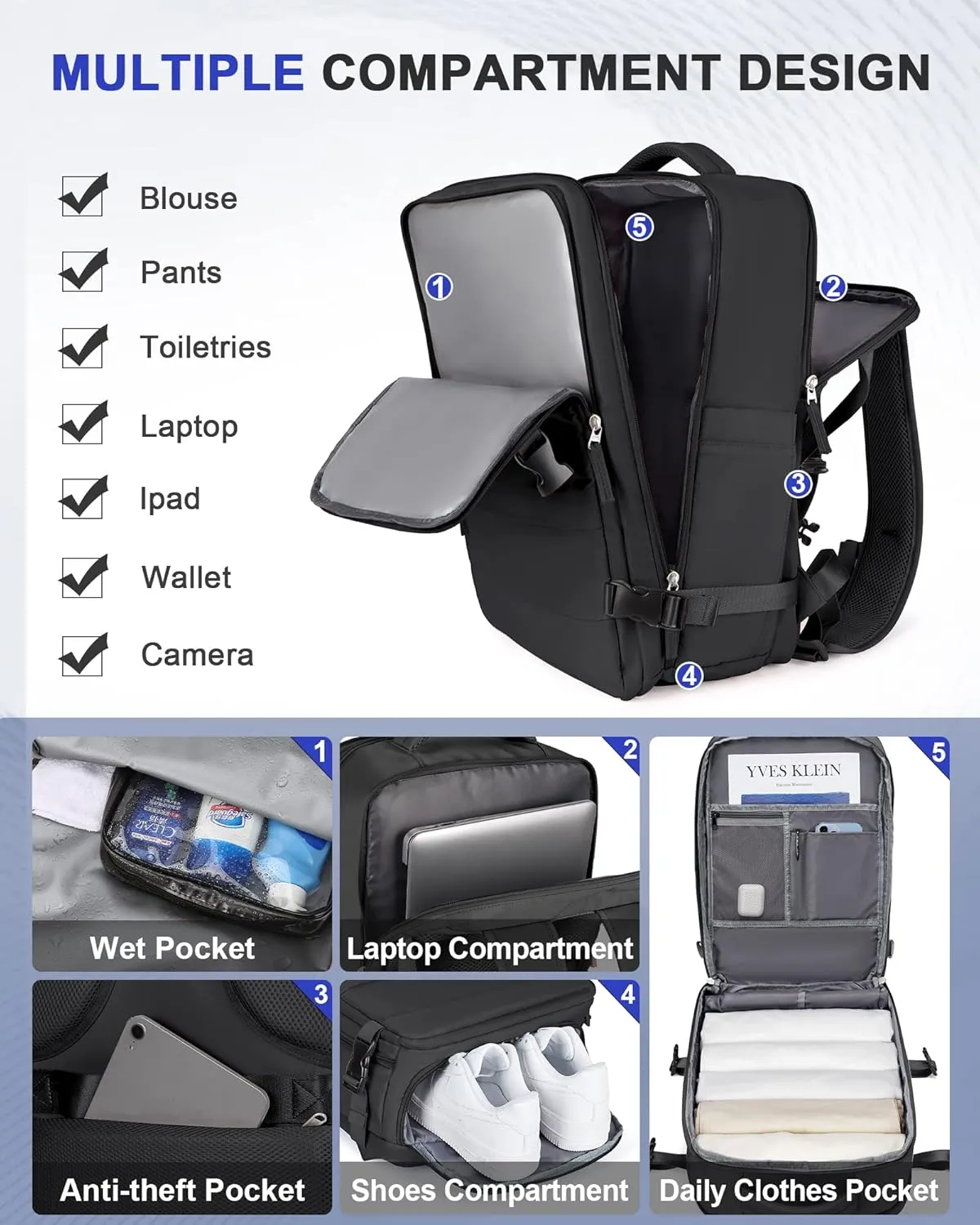 Black Travel Backpack For Women Men Carry On Backpack Flight Approved Gym Bag With Shoe Compartment Hiking Waterproof Laptop Backpack College Essentials