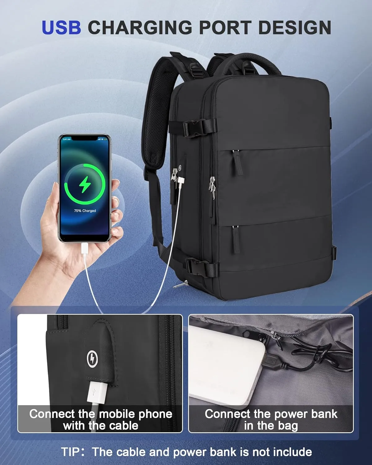 Black Travel Backpack For Women Men Carry On Backpack Flight Approved Gym Bag With Shoe Compartment Hiking Waterproof Laptop Backpack College Essentials