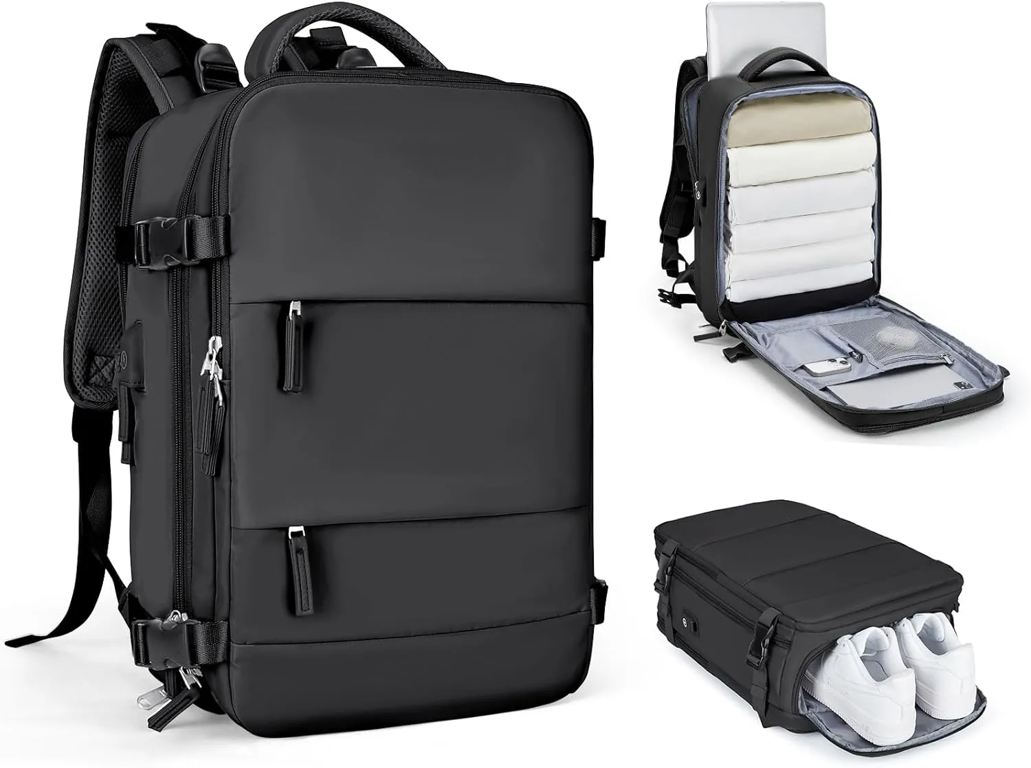 Black Travel Backpack For Women Men Carry On Backpack Flight Approved Gym Bag With Shoe Compartment Hiking Waterproof Laptop Backpack College Essentials
