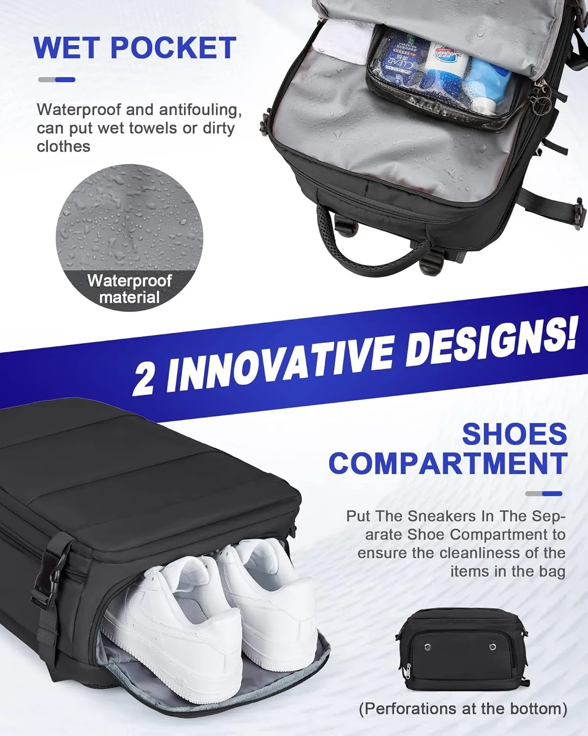 Black Travel Backpack For Women Men Carry On Backpack Flight Approved Gym Bag With Shoe Compartment Hiking Waterproof Laptop Backpack College Essentials