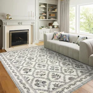 Blue and Green Floral Rug 5x7 Machine Washable Area Rug for Living Room Vintage Floral Low Pile for Dining Room, Bedroom Indoor Foldable Non-Slip Teal Navy Blue on Cream