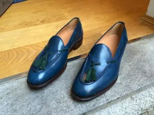 Blue Color Handmade Green Tassel Loafer Slip Ons Magnificiant Leather Men Shoes