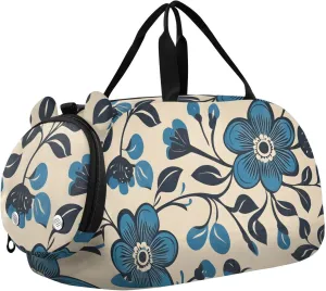 Blue Floral Motif Youth Sports Duffel Bag with Ventilated Shoe Compartment|All-Season Lightweight Travel Gym Bag for Girls & Boys|Water-Resistant Gear Bag
